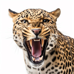 Fototapeta na wymiar Predatory angry scary spotted leopard Panthera pardus growls and bares its fangs, head close-up isolated on white background