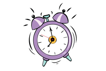 Hand Drawn Cartoon Style Alarm Clock. Vector Purple Alarm Clock Illustration Isolated on White Background. Vintage Clock Design Element. Ringing morning alarm clock drawn by hand. Old-fashioned Timer.