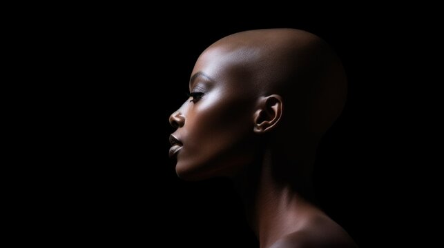 Emotional portrait of a bald African woman on black background