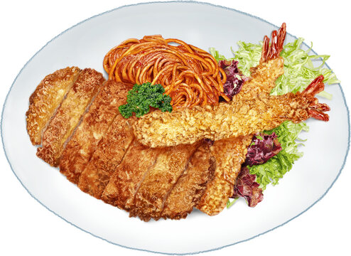 A Yoshoku Sample Platter which features a combination of popular Japanese Western Cuisine dishes, including Japanese fried shrimp "Ebi Furai", Ketchup Spaghetti, and Potato Croquettes or "Korokke."
