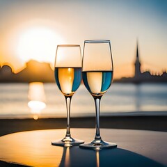Obraz premium Two glasses of champagne at water view during sunset, romantic ambie, couple, generative AI