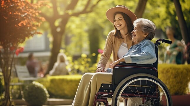 An Happy Senior Woman and Caregiver Helping a patient or disabled person in outdoor nature, nurse and her Senior client in a wheelchair. Generated with AI.