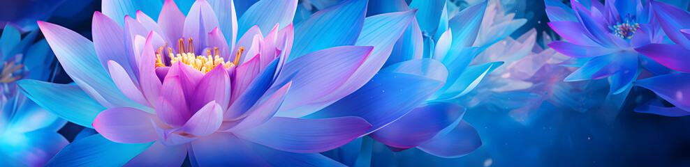 Bright neon blue lotus flower. Bright water lily close-up on floral background. Generative AI