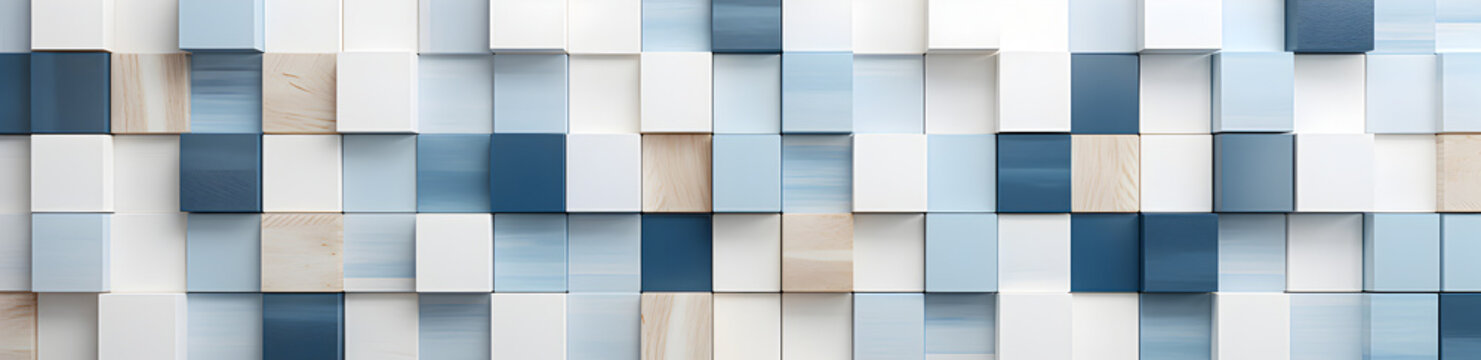 Conceptual background made of wooden cubes. Blue, white and gray tile square mosaic. Set of checkers. Generative AI