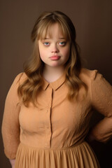Naklejka premium A portrait of a student girl friendly elementary university girl with Down Syndrome on a professional photographic background in a studio. She is dressed in an elegant girly dress Generated Ai