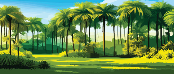 jungle forests, tropical forest background. Amazon forest landscapes, African or Brazilian jungle vector background, wallpaper with palm trees, simple vector illustration
