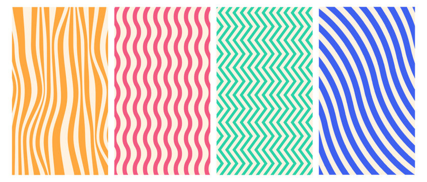 Strip groovy pattern swirling, zig-zag, curls distorted set colorful fabric background retro fashion aesthetic geometric minimal line collection
