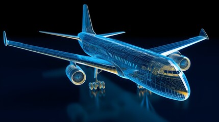 Blue glossy airplane on the ground with yellow highlights blue prints. Blue wire frame of the glossy modern airplane 