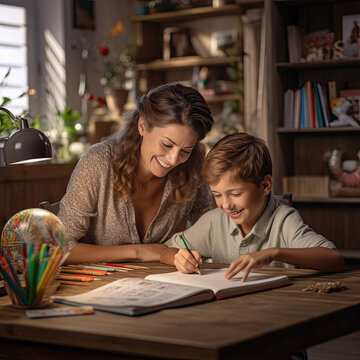 AI Generative, Cheerful mother doing homework with son at home photo