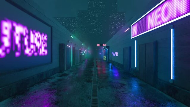 A futuristic street with neon lights in a cyberpunk city. Urban scene without people. Futuristic 80s old style. Modern design 4K looping endless render. Conceptual stock video. Seamless 3D animation