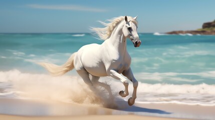 Obraz na płótnie Canvas a white horse running on a beach