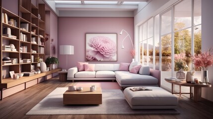 Cozy modern living room and pink decor.