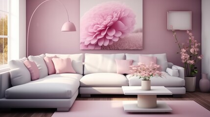 Cozy modern living room and pink decor.