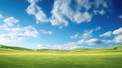 Obraz premium Minimalist idyllic natural with green mowed grass meadow and blue sky.