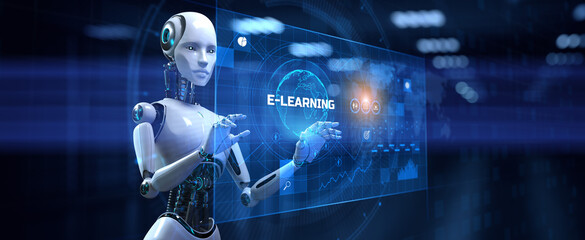 Obraz premium E-learning EdTech education technology concept. Robot pressing button on screen 3d render.
