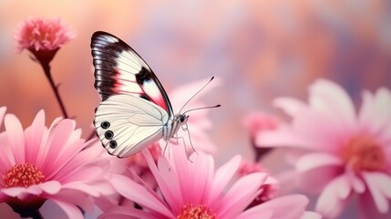 Obraz premium Delicately pink floral with a white butterfly on flower in soft daylight.