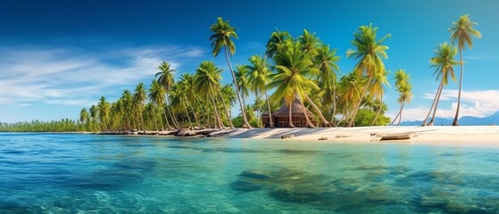 Fototapeta na wymiar a beach with palm trees and a hut