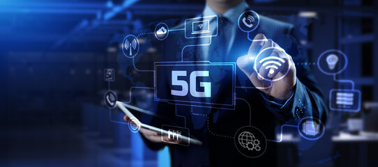 5G High-speed internet connection concept. Businessman pressing button on screen.