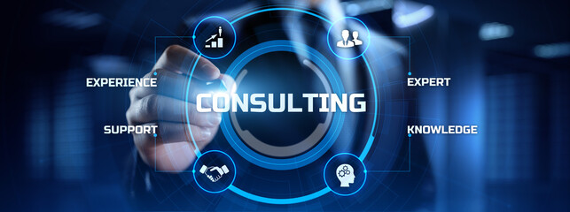 Consulting service business concept. Businessman pressing button on screen.