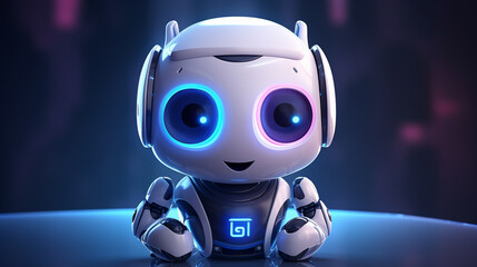 Cute little robot waving hello smiling, waist up portrait over blue background. 3D digital illustration