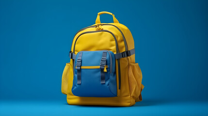 yellow backpack isolated on a blue background Back to school, education, childhood, primary school theme.