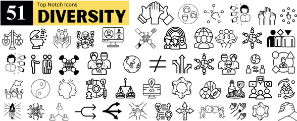 51 diversity and inclusion icon set. this set showcases different facets of human identity, such as race, ethnicity, gender, sexuality, religion, disability.  posters, flyers, logos, stickers, banners