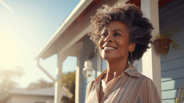 Happy Mature Dark-skinned Stylish Woman In Front Of Her House