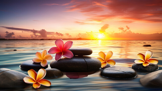 art caribbean beach in sunset time, spa stones,bamboo with frangipani, Natural spa resort. Generative Ai
