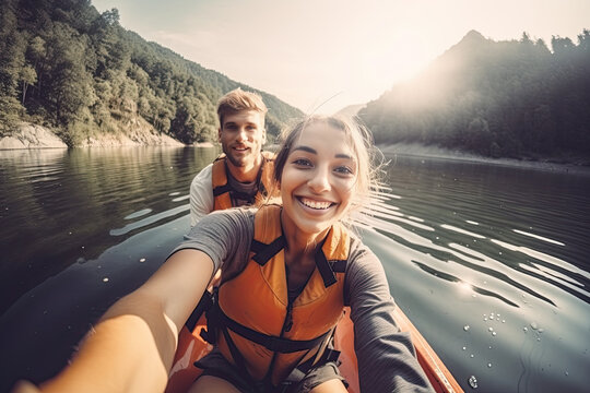 Selfie of young cute lovely couple canoeing on river in boat on sunny day nature outdoors