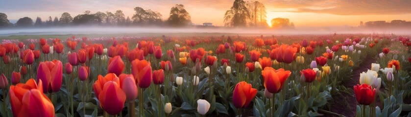 Fototapeta na wymiar a field of tulips with fog and trees in the background
