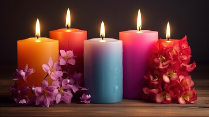 Obraz na płótnie Canvas Beautiful candles with flowers on wooden background. Generative Ai