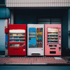Vending machine for automated trading of consumer goods, equipment for lemonades and single products. Monochrome background, space for text, Generative AI - obrazy, fototapety, plakaty