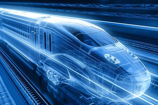 Bullet train blue wireframe in high speed running on the track, futuristic concept