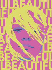 Woman face with glitters. 60s pop art poster. Retro fashion portrait