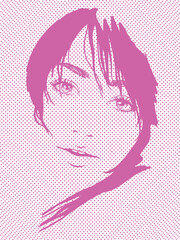 Woman face outline. Dotted 50s, 60s pop art. Vintage fashion poster