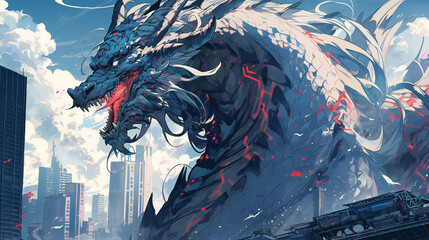 Cyberpunk cyborg dragon standing on top of New York
