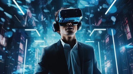 A man wearing VR with a blue technology background, generated by AI