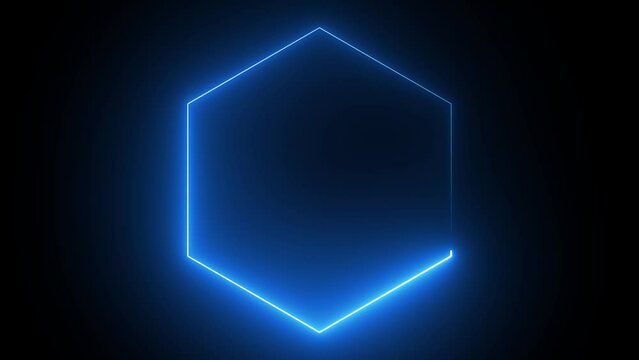 Hexagon shape animate with blue neon glow effect footage on black background. 4k