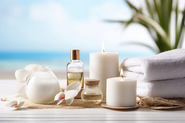 Fototapeta na wymiar Beauty treatment items for spa procedures. Massage stones, essential oil and sea salt. Generative AI