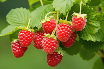 Branch of ripe raspberries in a garden on blurred background. Growing sweet berries. Generative AI
