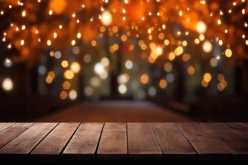 Foto op Plexiglas Empty dark wood table top with blurred bright Thanksgiving background. AI generated © barmaleeva