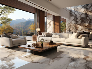 Modern style luxury white living room with garden view. 3D render. Gray marble tile wall and floor decorated with glass chandelier overlooking nature view background. Generative AI..