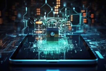 padlock hologram on the tablet screen, blurred digital background, Generative AI