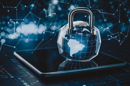 padlock hologram on the tablet screen, blurred digital background, Generative AI