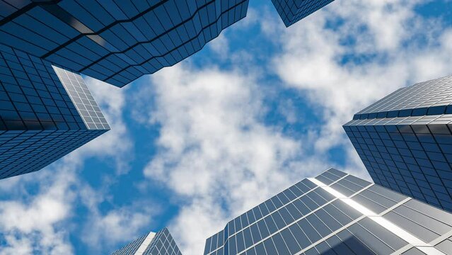 Skyscrapers against a blue sky with clouds. Scene without people. Fashion Urban architecture style. Conceptual endless stock video. 4K looping render. Seamless 3D animation pattern