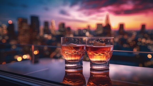 Pair of cocktail glasses in a colorful night setting.