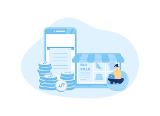 A woman with a shop and notes concept flat illustration