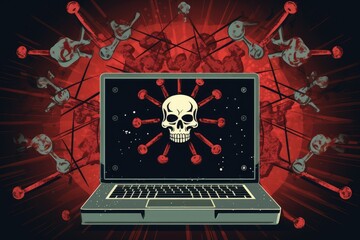 skull icon on laptop display, security threat alert concept design, vector illustration, Generative AI