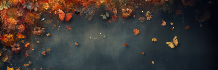 Autumn background with leaves and butterflies, panoramic banner.