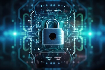 Fototapeta premium lock hologram on blue lights graphic design background, Generative AI